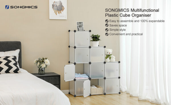 SONGMICS Organizator modular 93x31x93 cm, 9 cuburi cu usi, plastic si cadru metalic, alb - imagine 7