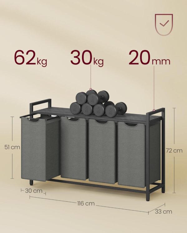 VASAGLE Cos rufe 4x40L, saci detasabili, raft superior si cadru metalic, 116x33x72 cm, negru si gri - imagine 3