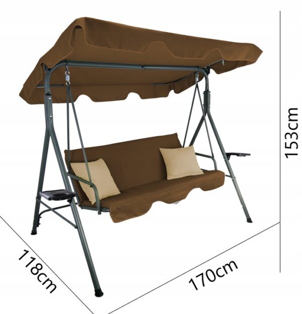 Leagan gradina 3 locuri 170x118x153 cm, cu perne, baldachin reglabil si masute laterale, structura otel, maro - imagine 9