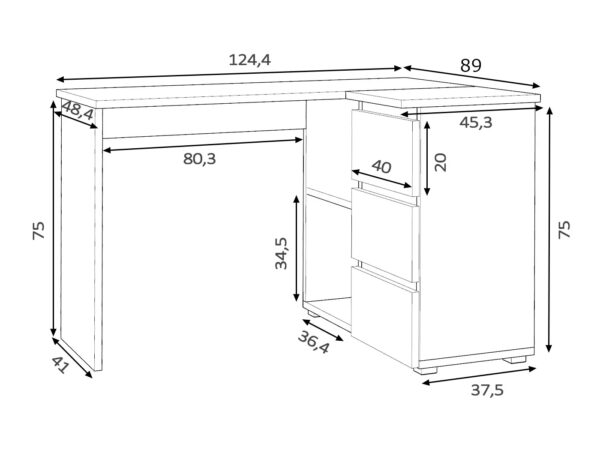 Birou colt Norge cu 3 sertare si 2 rafturi, 124x89x75 cm, stejar - imagine 8