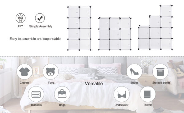 SONGMICS Organizator modular 93x31x93 cm, 9 cuburi cu usi, plastic si cadru metalic, alb - imagine 8