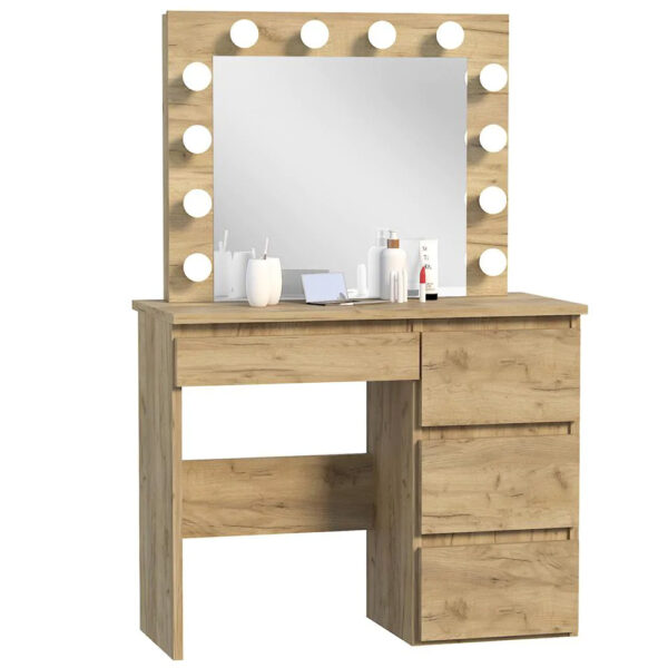 Masa de toaleta si machiaj Hollywood cu oglinda LED si 4 sertare, 94x43x140 cm, craft - imagine 2