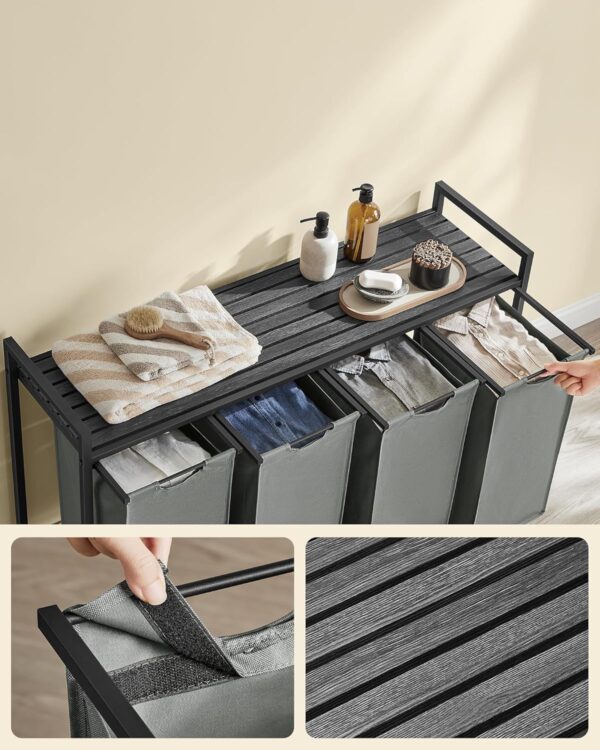 VASAGLE Cos rufe 4x40L, saci detasabili, raft superior si cadru metalic, 116x33x72 cm, negru si gri - imagine 5
