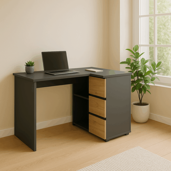 Birou colt Norge cu 3 sertare si 2 rafturi, 124x89x75 cm, antracit si craft - imagine 5