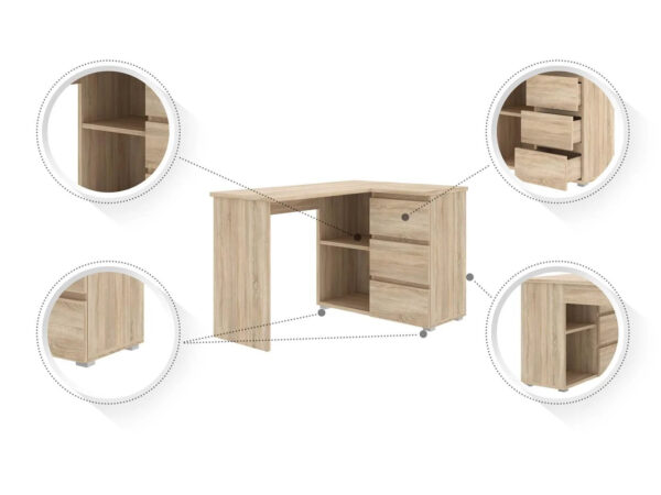 Birou colt Norge cu 3 sertare si 2 rafturi, 124x89x75 cm, stejar - imagine 9