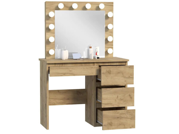 Masa de toaleta si machiaj Hollywood cu oglinda LED si 4 sertare, 94x43x140 cm, craft - imagine 10
