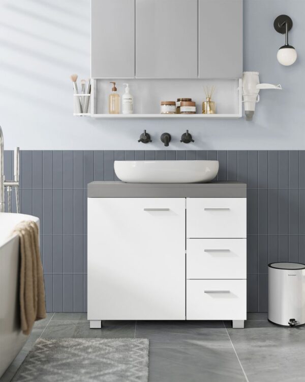 VASAGLE Dulap baie lavoar, cu 3 sertare si 2 compartimente, MDF, 70x30x64 cm, alb si gri - imagine 2