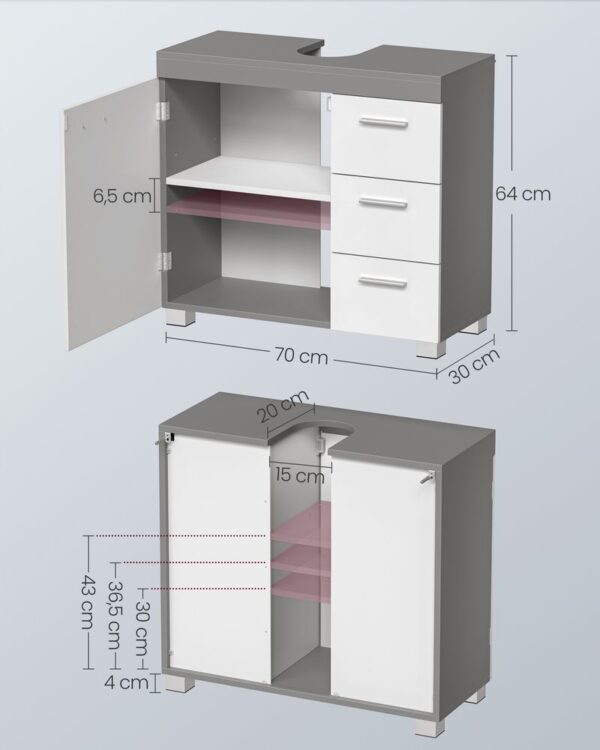 VASAGLE Dulap baie lavoar, cu 3 sertare si 2 compartimente, MDF, 70x30x64 cm, alb si gri - imagine 3