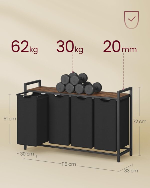 VASAGLE Cos rufe 4x40L, saci detasabili, raft superior si cadru metalic, 116x33x72 cm, maro si negru - imagine 3