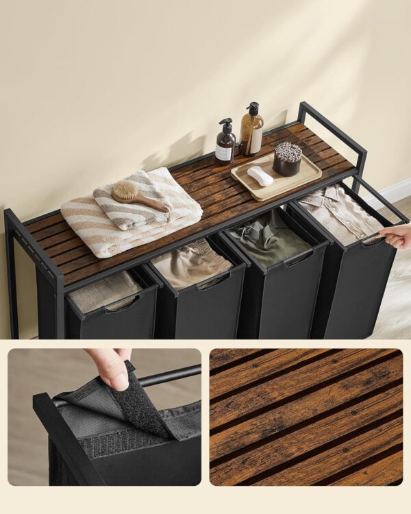 VASAGLE Cos rufe 4x40L, saci detasabili, raft superior si cadru metalic, 116x33x72 cm, maro si negru - imagine 4