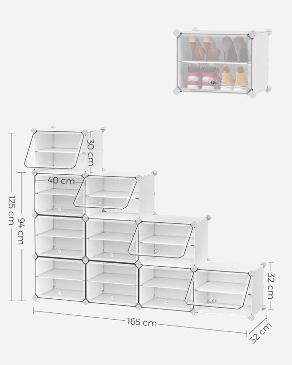 SONGMICS Dulap modular pantofi cu 10 compartimente, cu usi transparente, 83x32x156 cm, alb - imagine 4