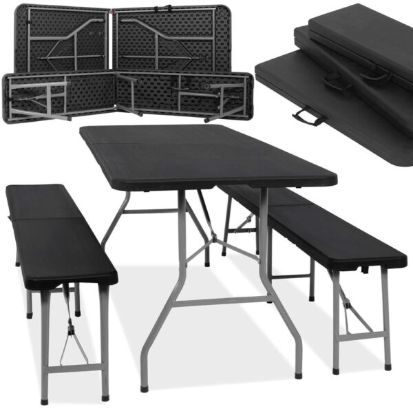 Set masa pliabila cu 2 banci, 180 cm, negru, HDPE si cadru metalic anticoroziv - imagine 21