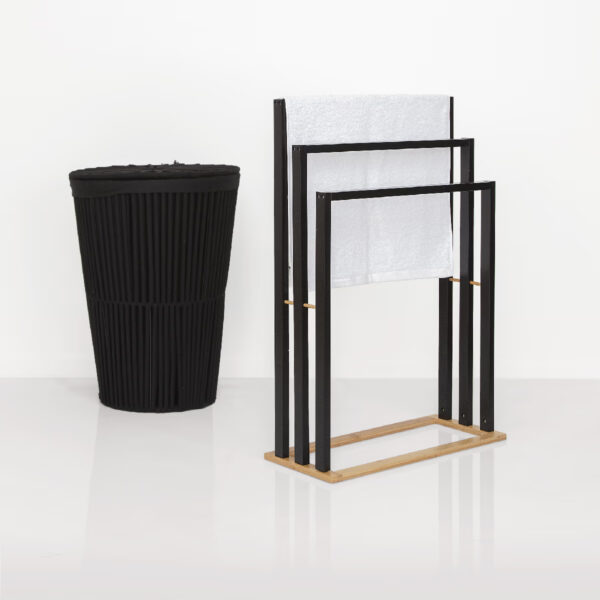 Suport prosoape 5Five Natureo cu 3 brate, 55x24x82 cm, MDF si bambus, negru - imagine 3