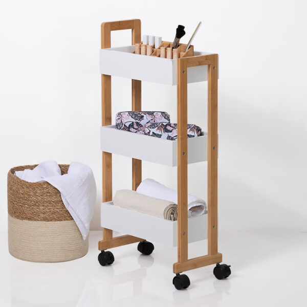Etajera cu roti Atmosphera Natureo cu 3 niveluri, bambus si MDF, 41x20x81 cm, alb - imagine 2