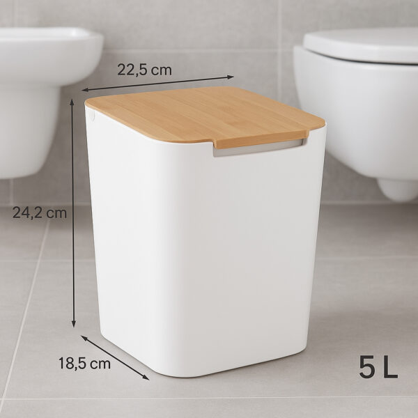 Cos gunoi 5Five Natureo cu capac, polipropilena si bambus, 5 litri, 22x19x24 cm, alb - imagine 3