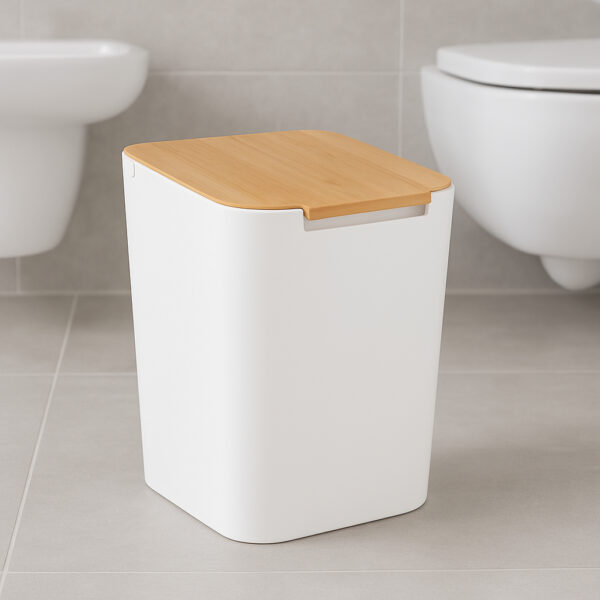 Cos gunoi 5Five Natureo cu capac, polipropilena si bambus, 5 litri, 22x19x24 cm, alb - imagine 4