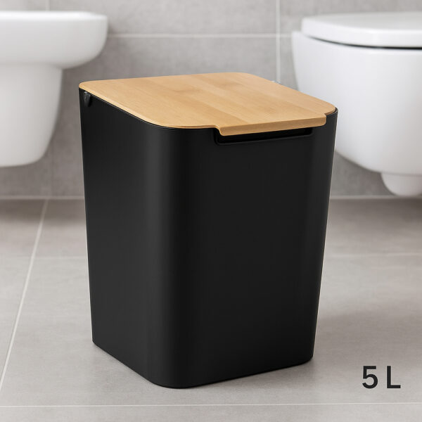 Cos gunoi 5Five Natureo cu capac, polipropilena si bambus, 5 litri, 22x19x24 cm, negru - imagine 4