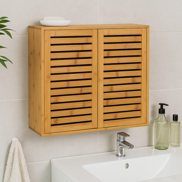 Dulap suspendat 5Five Sicela cu usa si rafturi, bambus si MDF, 52x20x59 cm, natur - imagine 5