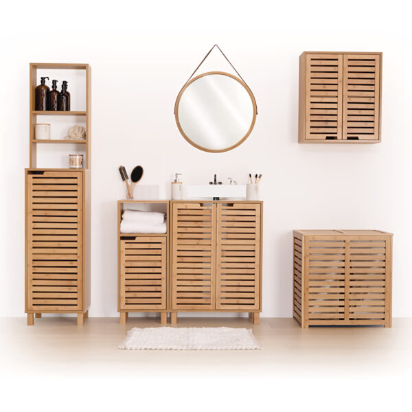 Dulap baie 5Five Sicela pentru lavoar, cu usi si rafturi, bambus si MDF, 60x28x80 cm, natur - imagine 2