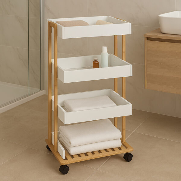 Etajera cu 4 rafturi 5Five Natureo pe roti, MDF si bambus, 40x30x88 cm, alb - imagine 4