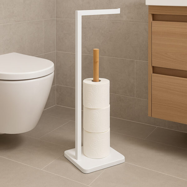 Suport hartie igienica 5Five Natureo, metal si bambus, 20x20x65 cm, alb - imagine 2