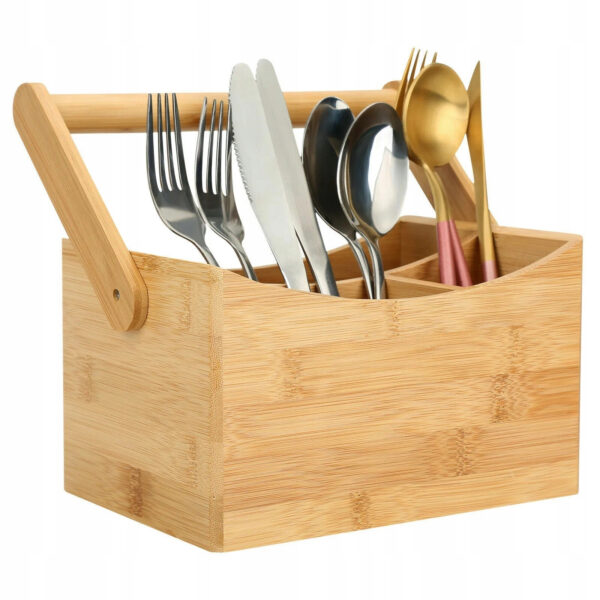 Organizator tacamuri si servetele 5Five Bamboo cu maner, bambus, 24x14x24 cm, natur - imagine 2