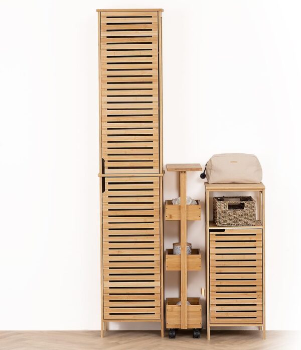 Etajera 5Five pentru spatii inguste, pe roti, 3 niveluri, bambus, 33x18x89 cm, natur - imagine 3