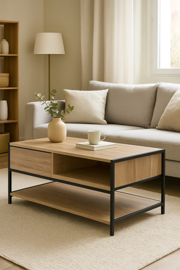 Masuta cafea 5Five Aliaj cu design rectangular, finisaj stejar, 100x40x50 cm, bej - imagine 6