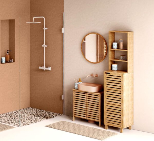 Dulap baie 5Five Sicela cu usa si rafturi, bambus, 38x33x168 cm, natur - imagine 2