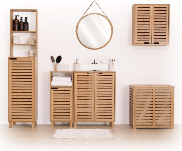 Dulap baie 5Five Sicela cu usa si rafturi, bambus, 38x33x168 cm, natur - imagine 3