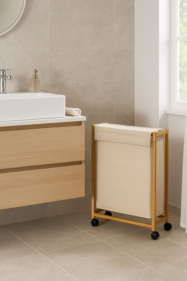 Cos rufe 5Five Bambou pe roti, cadru bambus, 52 litri, 55x28x80 cm, bej - imagine 4