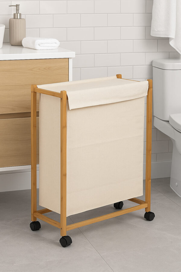 Cos rufe 5Five Bambou pe roti, cadru bambus, 52 litri, 55x28x80 cm, bej - imagine 5