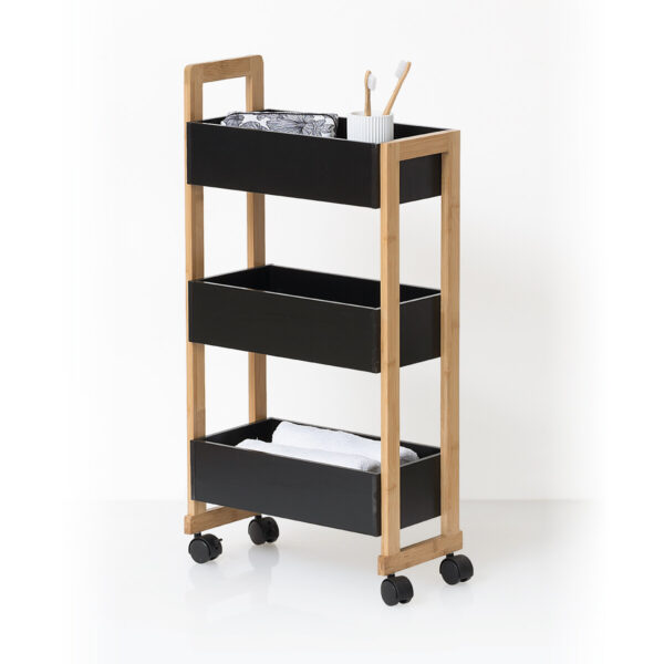 Etajera cu roti Atmosphera Natureo cu 3 niveluri, bambus si MDF, 41x20x81 cm, negru - imagine 2