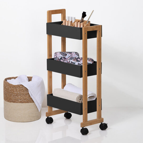 Etajera cu roti Atmosphera Natureo cu 3 niveluri, bambus si MDF, 41x20x81 cm, negru - imagine 3