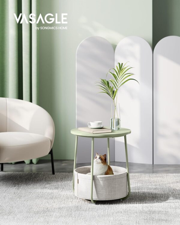 VASAGLE Masuta de cafea rotunda cu cos de stofa, stil modern, 45x50cm, verde cu crem - imagine 6
