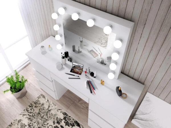 Oglinda machiaj cu 12 becuri LED, lumina neutra, 80x10x65 cm, alb - imagine 3