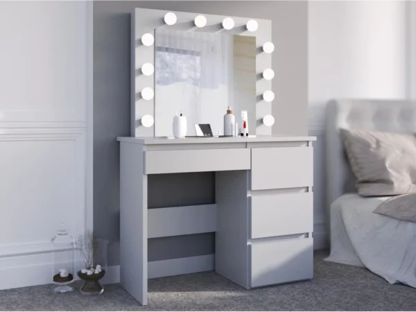 Masa de toaleta si machiaj Hollywood cu oglinda LED si 4 sertare, 94x43x140 cm, alb mat - imagine 12