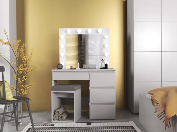 Masa de toaleta si machiaj Hollywood cu oglinda LED si 4 sertare, 94x43x140 cm, alb mat - imagine 13