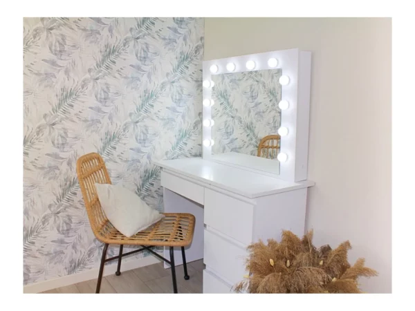 Masa de toaleta si machiaj Hollywood cu oglinda LED si 4 sertare, 94x43x140 cm, alb mat - imagine 8