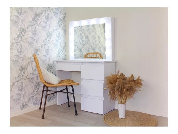 Masa de toaleta si machiaj Hollywood cu oglinda LED si 4 sertare, 94x43x140 cm, alb mat - imagine 9