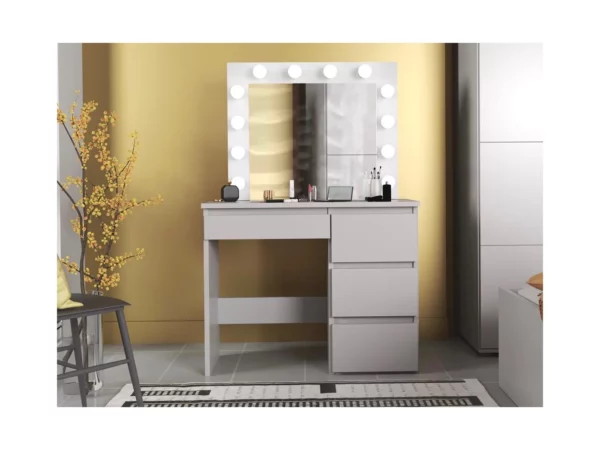 Masa de toaleta si machiaj Hollywood cu oglinda LED si 4 sertare, 94x43x140 cm, alb mat - imagine 10