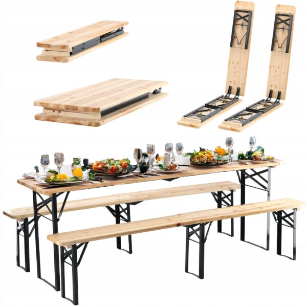 Set berarie din lemn masiv, plabil, pentru terasa sau gradina, o masa si doua banci, 220x50 cm, natur - imagine 9