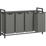 VASAGLE Cos rufe 4x40L, saci detasabili, raft superior si cadru metalic, 116x33x72 cm, negru si gri