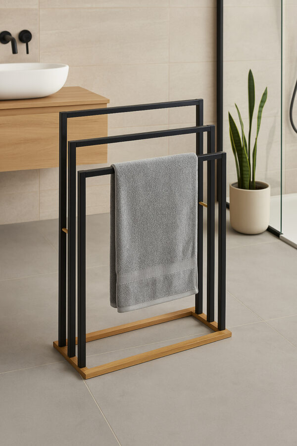 Suport prosoape 5Five Natureo cu 3 brate, 55x24x82 cm, MDF si bambus, negru - imagine 4
