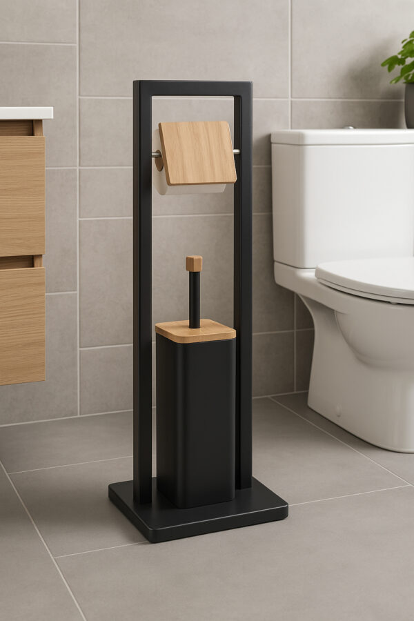 Suport WC cu perie 5Five Natureo, cu suport hartie igienica, metal si bambus, 20x20x80 cm, negru - imagine 2
