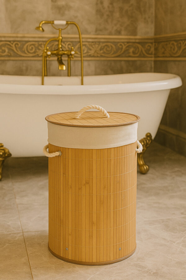 Cos rufe rotund 5Five Bambou cu capac, bambus, 48 litri, 35x50 cm, natur - imagine 5