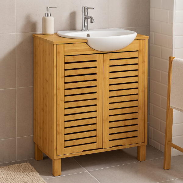 Dulap baie 5Five Sicela pentru lavoar, cu usi si rafturi, bambus si MDF, 60x28x80 cm, natur - imagine 6
