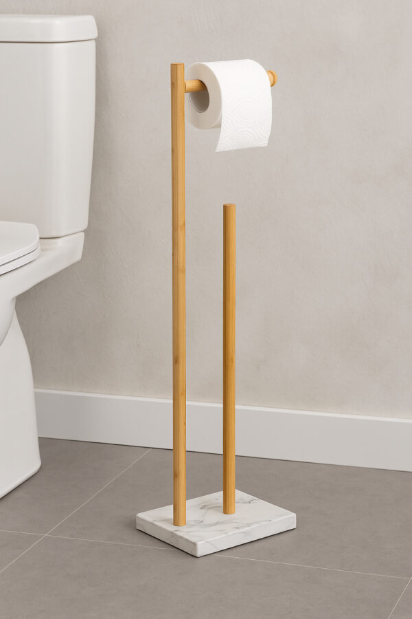 Suport hartie igienica 5Five Lea cu spatiu depozitare, bambus, 22x18x78 cm, alb si maro - imagine 2