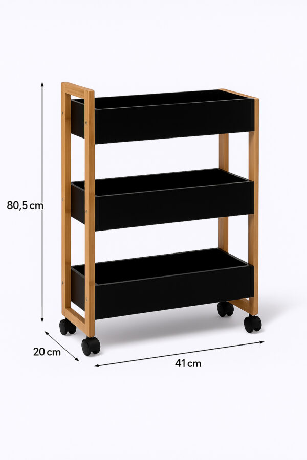 Etajera cu roti Atmosphera Natureo cu 3 niveluri, bambus si MDF, 41x20x81 cm, negru - imagine 6