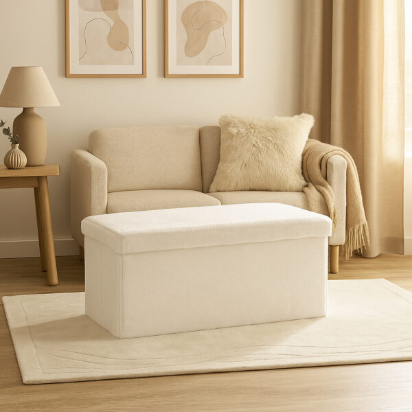 Taburet pliabil Atmosphera Ezzio cu depozitare, 76x38x38 cm, blana artificiala, alb - imagine 5